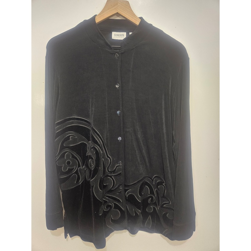 Chico's Travelers Size 2 Black Velvet Applique Button Front Tunic Jacket Artwear